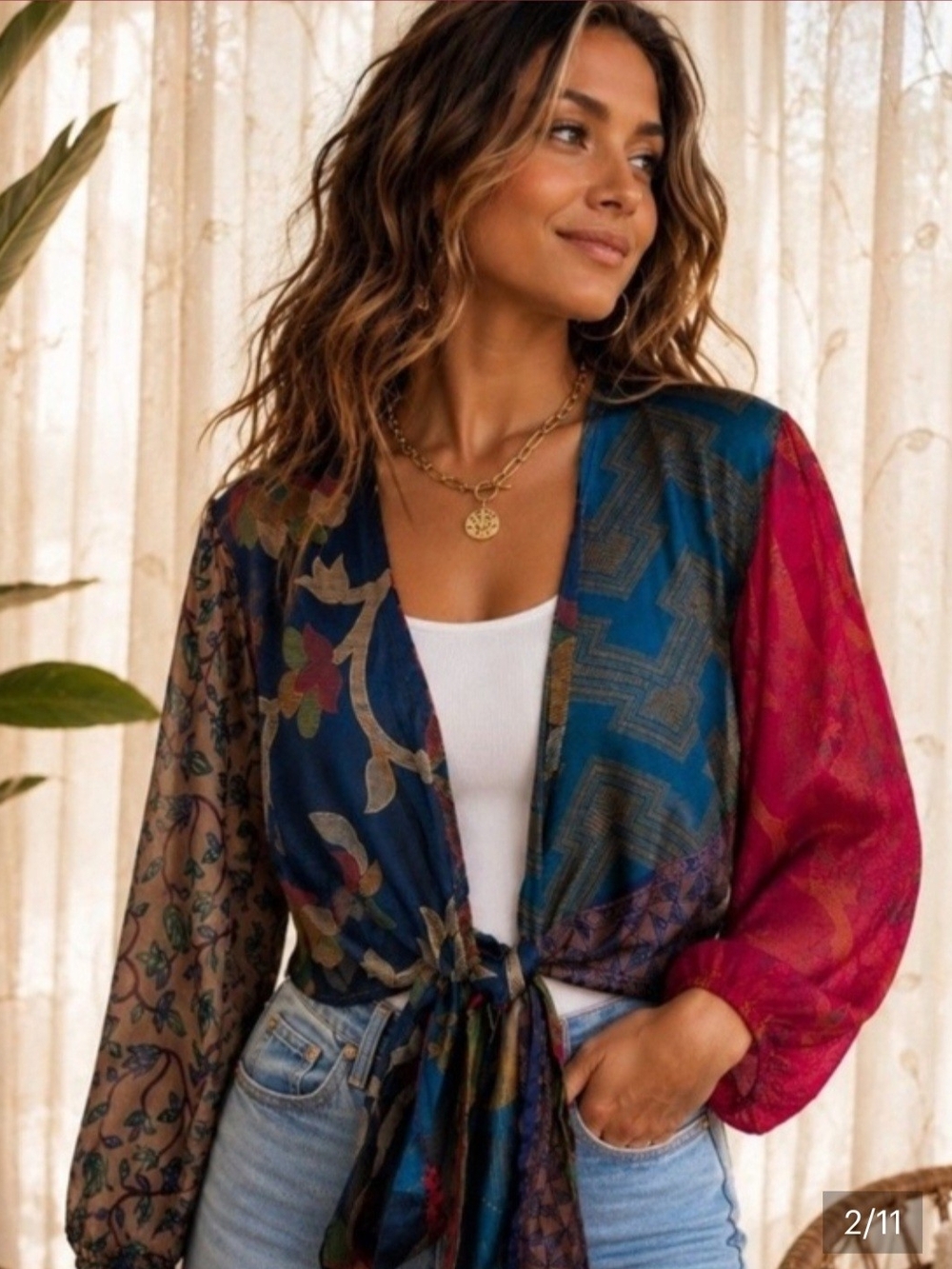 Jaded Gypsy Sari Tie-Front Cardigan Sweater - Blue & Red